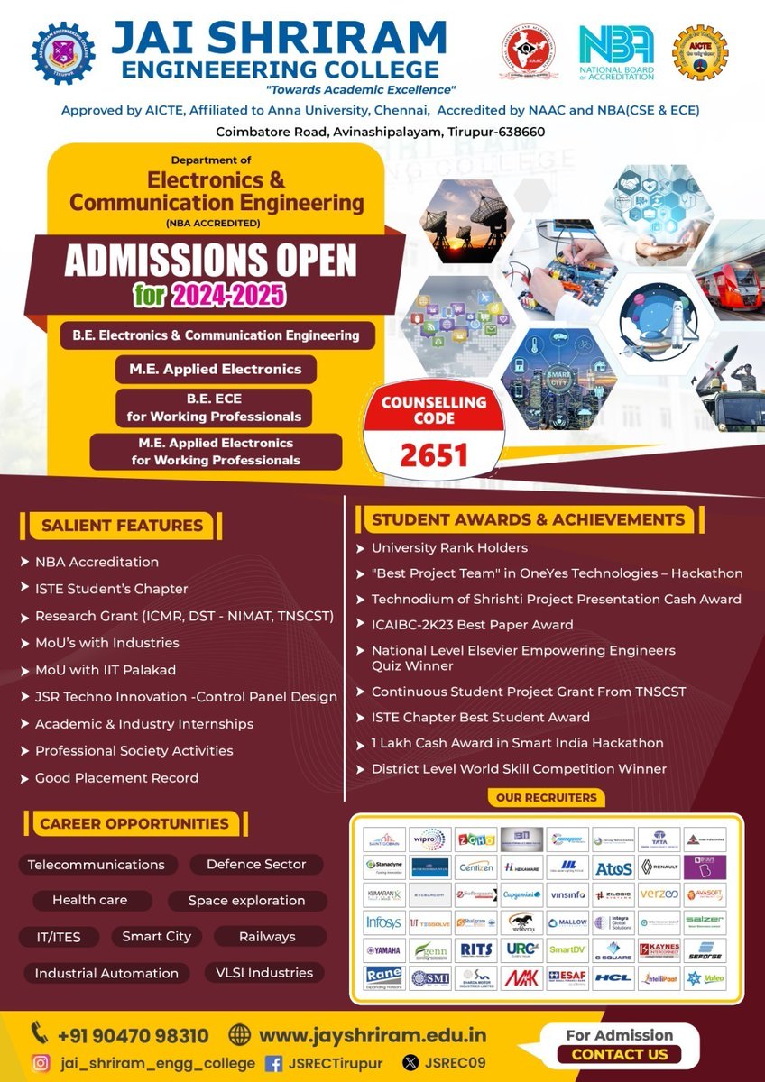 JSREC09's tweet image. Enroll now for undergraduate and postgraduate programs at Jai Shriram Engineering College to seize the best placement prospects tailored to your course.

#jaishriramengineeringcollege #JSREC #college #annauniversity #engineering #student #placement #job #ece #cse #tirupur