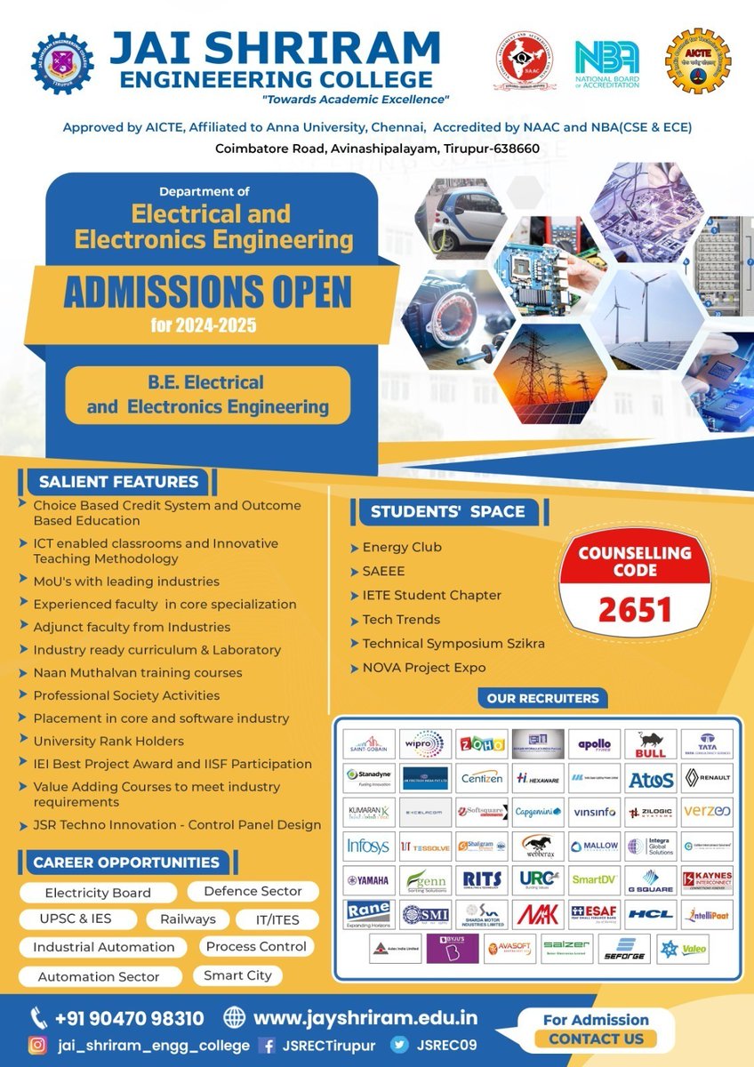 JSREC09's tweet image. Enroll now for undergraduate and postgraduate programs at Jai Shriram Engineering College to seize the best placement prospects tailored to your course.

#jaishriramengineeringcollege #JSREC #college #annauniversity #engineering #student #placement #job #ece #cse #tirupur