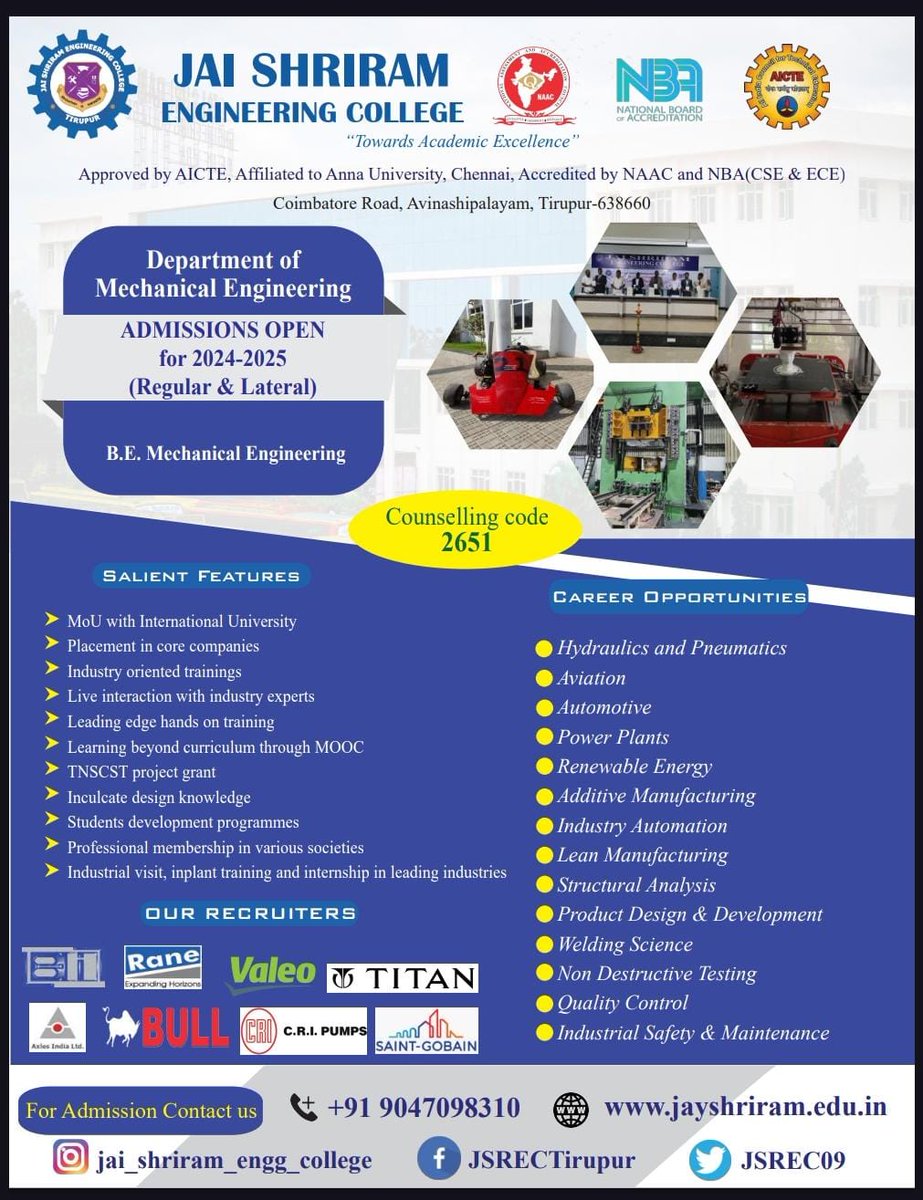 JSREC09's tweet image. Enroll now for undergraduate and postgraduate programs at Jai Shriram Engineering College to seize the best placement prospects tailored to your course.

#jaishriramengineeringcollege #JSREC #college #annauniversity #engineering #student #placement #job #ece #cse #tirupur
