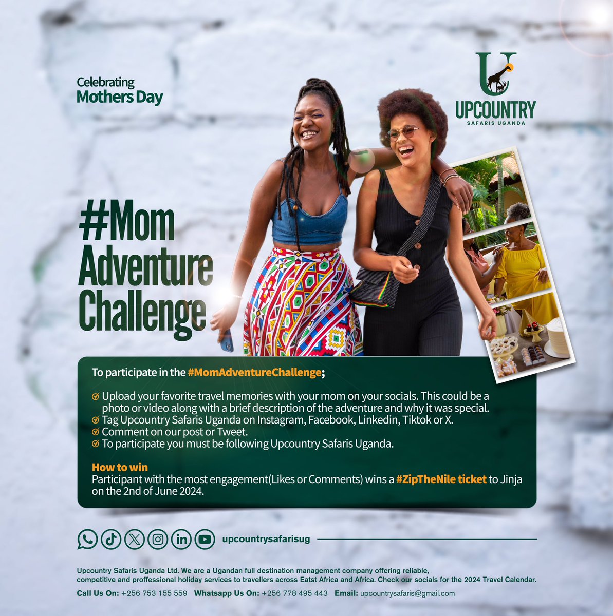 #MomAdventureChallenge Post a travel memory (picture/video) of your and your mom on your socials. Use hashtag #MomAdventureChallenge And stand a chance to win a ticket to our #ZipTheNile trip to Jinja 2nd June #travel #mothersday #upcountrysafarisug #mom #adventure #safari