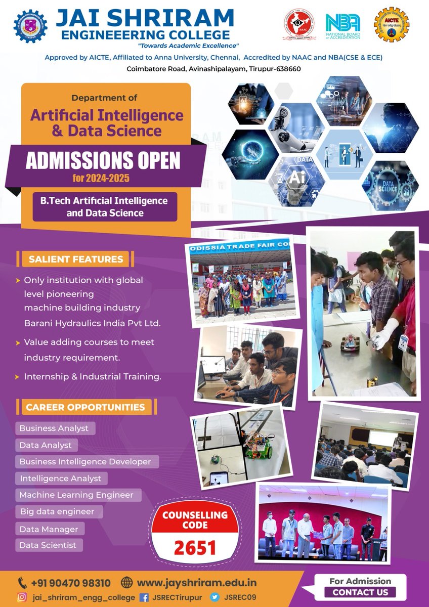 JSREC09's tweet image. Enroll now for undergraduate and postgraduate programs at Jai Shriram Engineering College to seize the best placement prospects tailored to your course.

#jaishriramengineeringcollege #JSREC #college #annauniversity #engineering #student #placement #job #ece #cse #tirupur