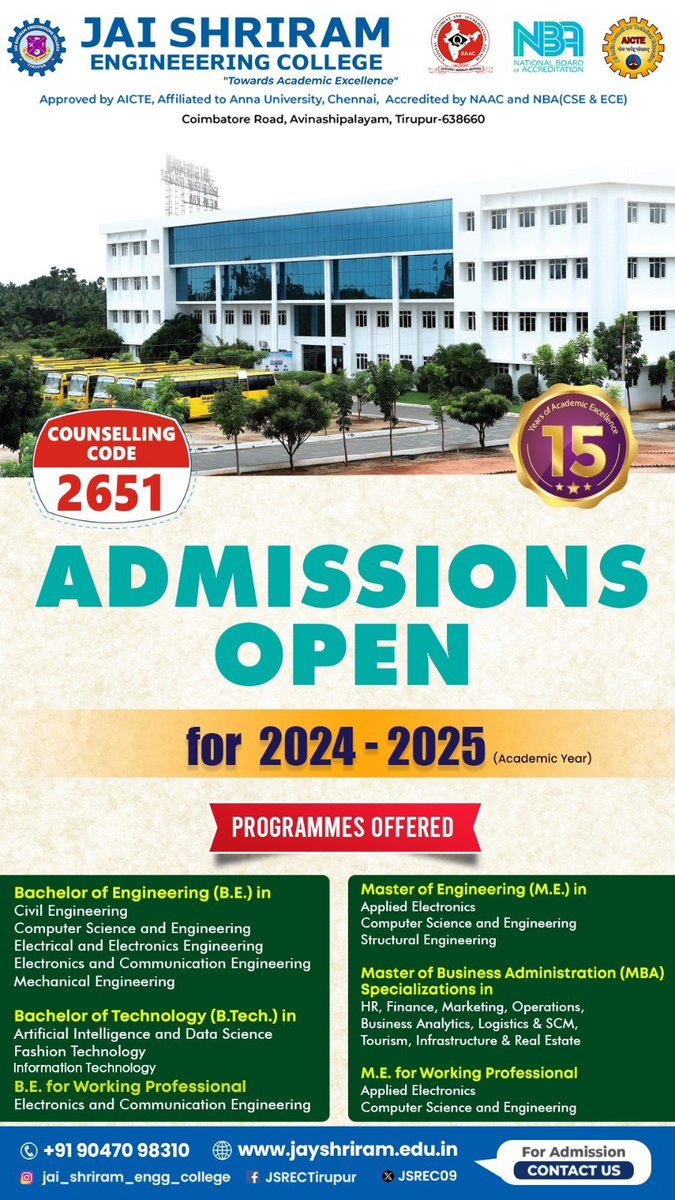 JSREC09's tweet image. Enroll now for undergraduate and postgraduate programs at Jai Shriram Engineering College to seize the best placement prospects tailored to your course.

#jaishriramengineeringcollege #JSREC #college #annauniversity #engineering #student #placement #job #ece #cse #tirupur