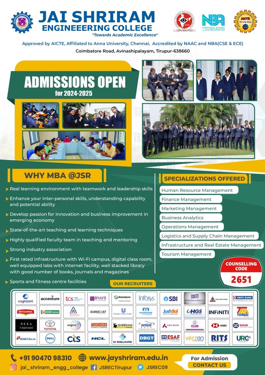 JSREC09's tweet image. Enroll now for undergraduate and postgraduate programs at Jai Shriram Engineering College to seize the best placement prospects tailored to your course.

#jaishriramengineeringcollege #JSREC #college #annauniversity #engineering #student #placement #job #ece #cse #tirupur