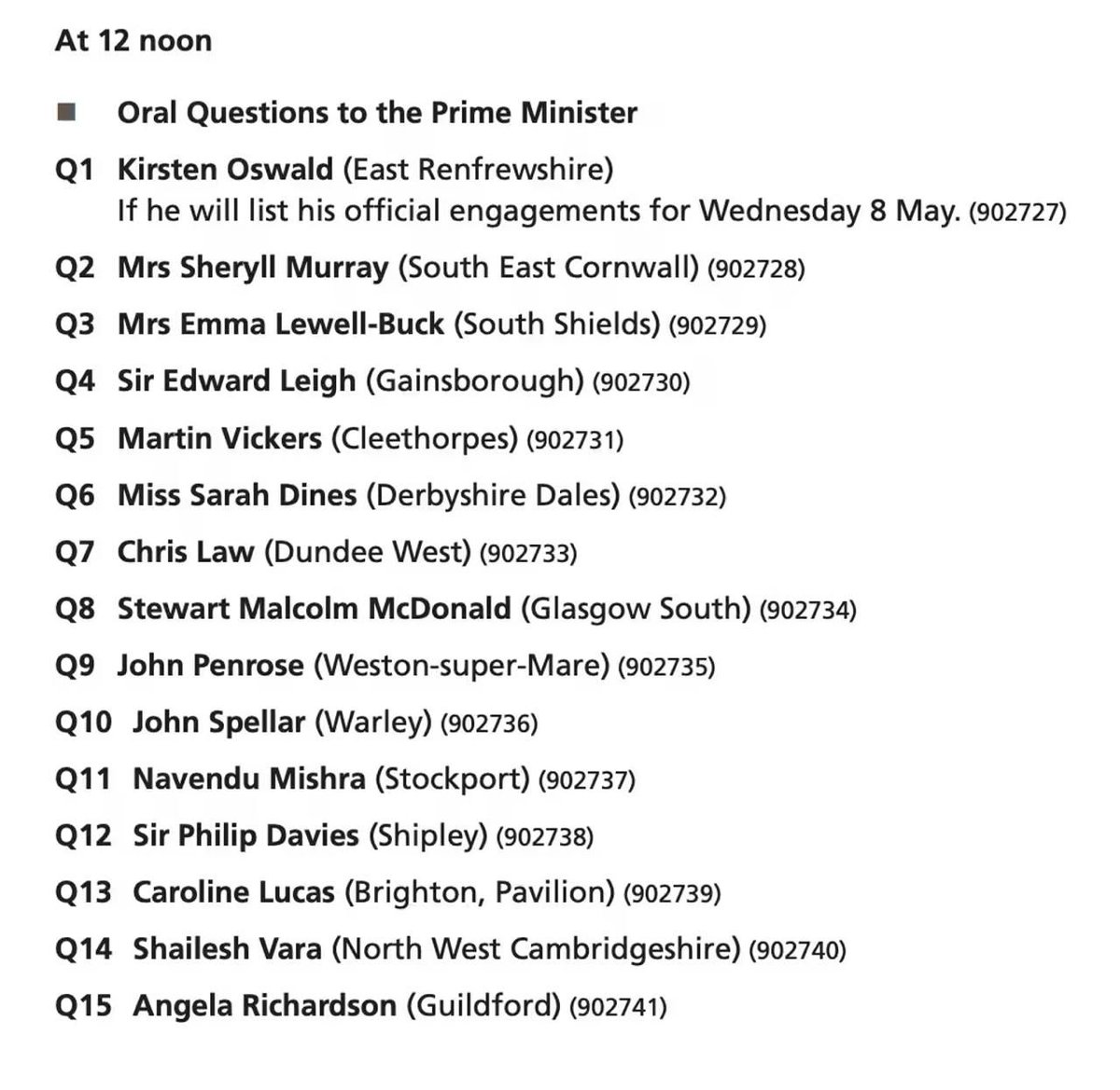 🚨 NEW: The list of MPs who will ask questions at PMQs today