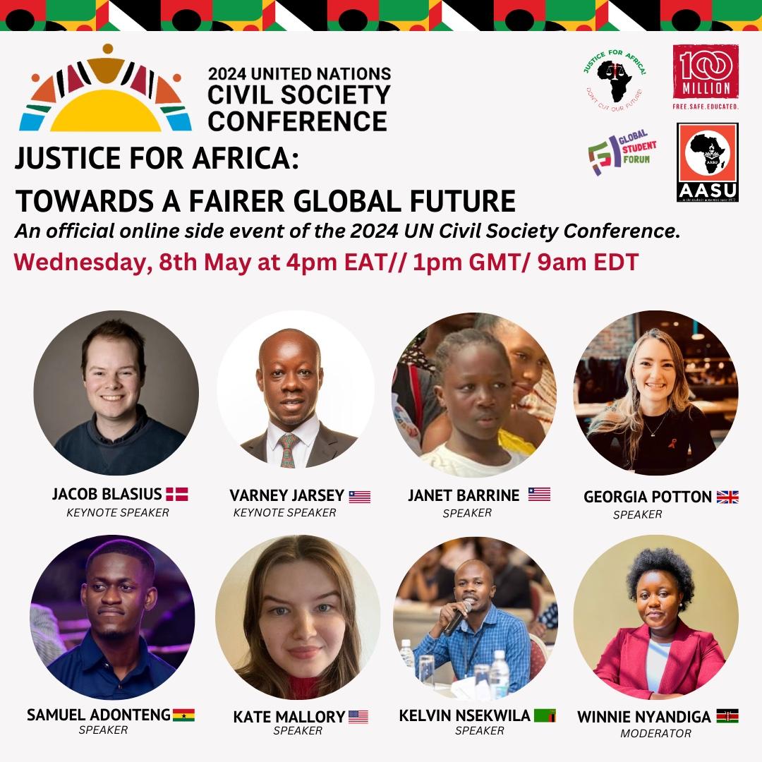 Join us TODAY at 4pm EAT / 1pm GMT / 9am EDT for our #2024UNCSC event exploring why the #SummitOfTheFuture should prioritise #JusticeForAfrica ✊ Register➡️ bit.ly/JFA_UCSC We'll be sharing the Our Future, Our Voice consultation results with French & #ASL interpretation!