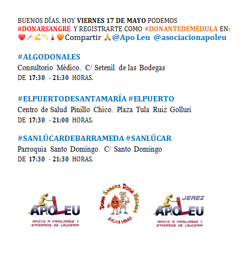VIERNES 17 DE MAYO PUEDE #DONARSANGRE Y REGISTRARSE COMO #DONANTEDEMÉDULA
@ApoLeu EN ❤️💉💪〽️🌡🧡RT🙏

#ALGODONALES
@AYTOALGODONALES @OrgAlgodonales @MeteoAlgodonale

#SANLÚCARDEBARRAMEDA #SANLÚCAR
@AytoSanlucar @Todo_Sanlucar @SanlucarALdia @SanlucarInfo

#DONASANGRE #DONAMÉDULA