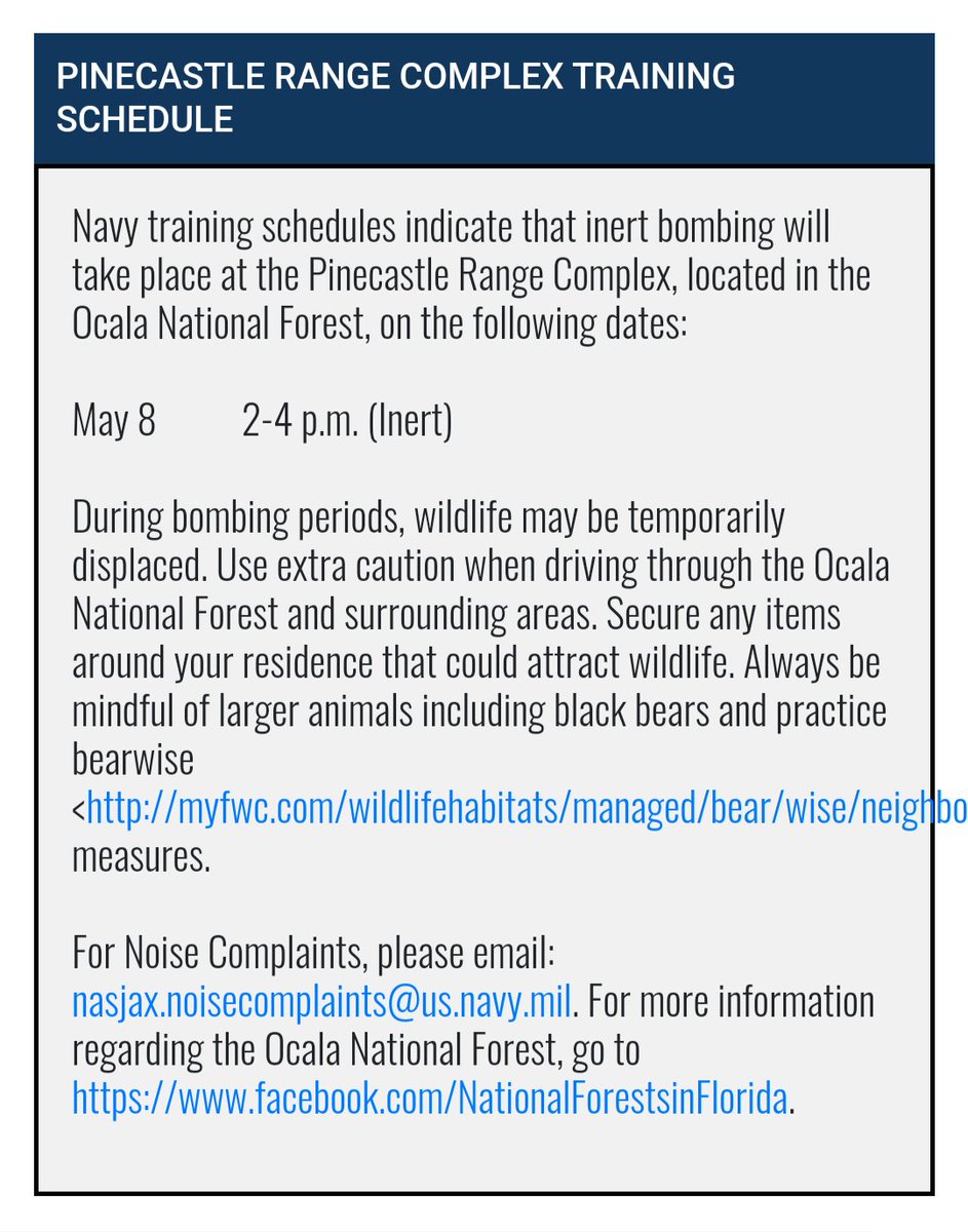 Today May 8, 2024
2-4 p.m. (Inert) bombs
#PineCastleRangeComplex #Training #Schedule #OcalaNationalForest
cnrse.cnic.navy.mil/Installations/…