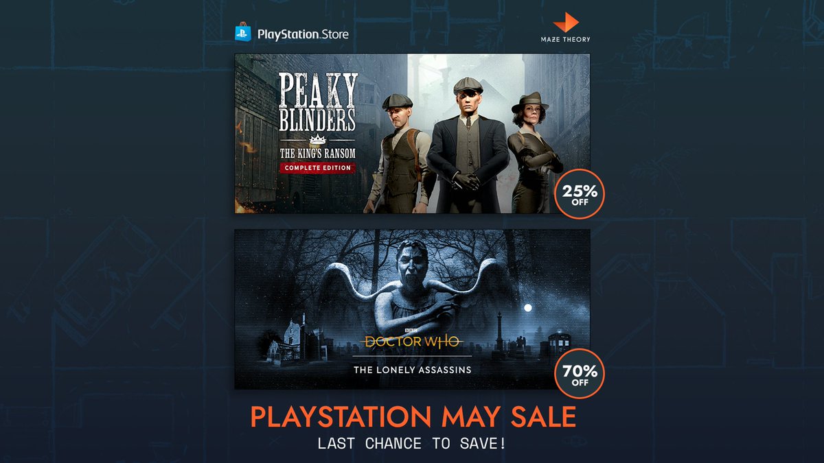It’s your last chance to save on two thrilling Maze Theory games on PlayStation VR2! Save 25% on Peaky Blinders: The King’s Ransom: store.playstation.com/en-gb/concept/… Save 70% on Doctor Who: The Lonely Assassins: store.playstation.com/en-gb/product/…