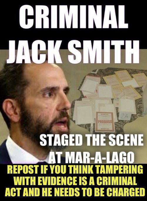 Evidence was planted and tampered with by the FBI. Charges need to be dismissed against Trump and charges need to be filed against Jack Smith and the FBI agents involved in this criminal conspiracy. Who thinks Jack Smith should be charged? 🙋‍♂️