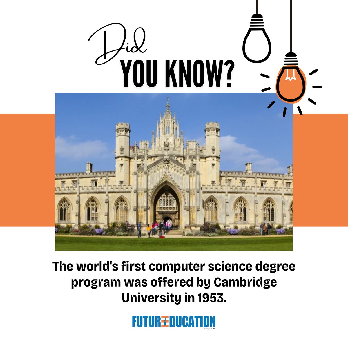 futureedumagz's tweet image. Cambridge University launched the world's first computer science degree in 1953, sparking a revolution in tech education.
Follow For More Future Education Magazine
#ComputerScienceHistory #TechEducationRevolution #CambridgeUniversity #InnovationInEducation