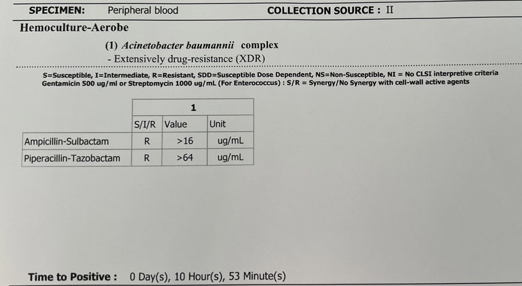รับ consult วันนี้
Acinetobacter baumannii septicemia 
(XDR=extremely drug resistance)
Colistin I (intermediate)
นอกนั้น R (Resistant)

ช้านจะให้อะไรดี😭😭😭😭
แล้วจะเลือกอะไรได้ไหม😭😭😭😭
