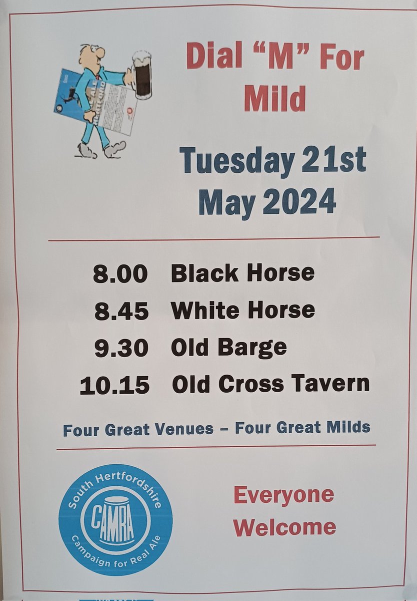Mild walk this year is happening at these pubs on this date 📅 🤣
Always a great night and 4 different milds 

#mild #pubwalk #Hertford #caskale  <a href="/SouthHertsCAMRA/">South Herts CAMRA</a>