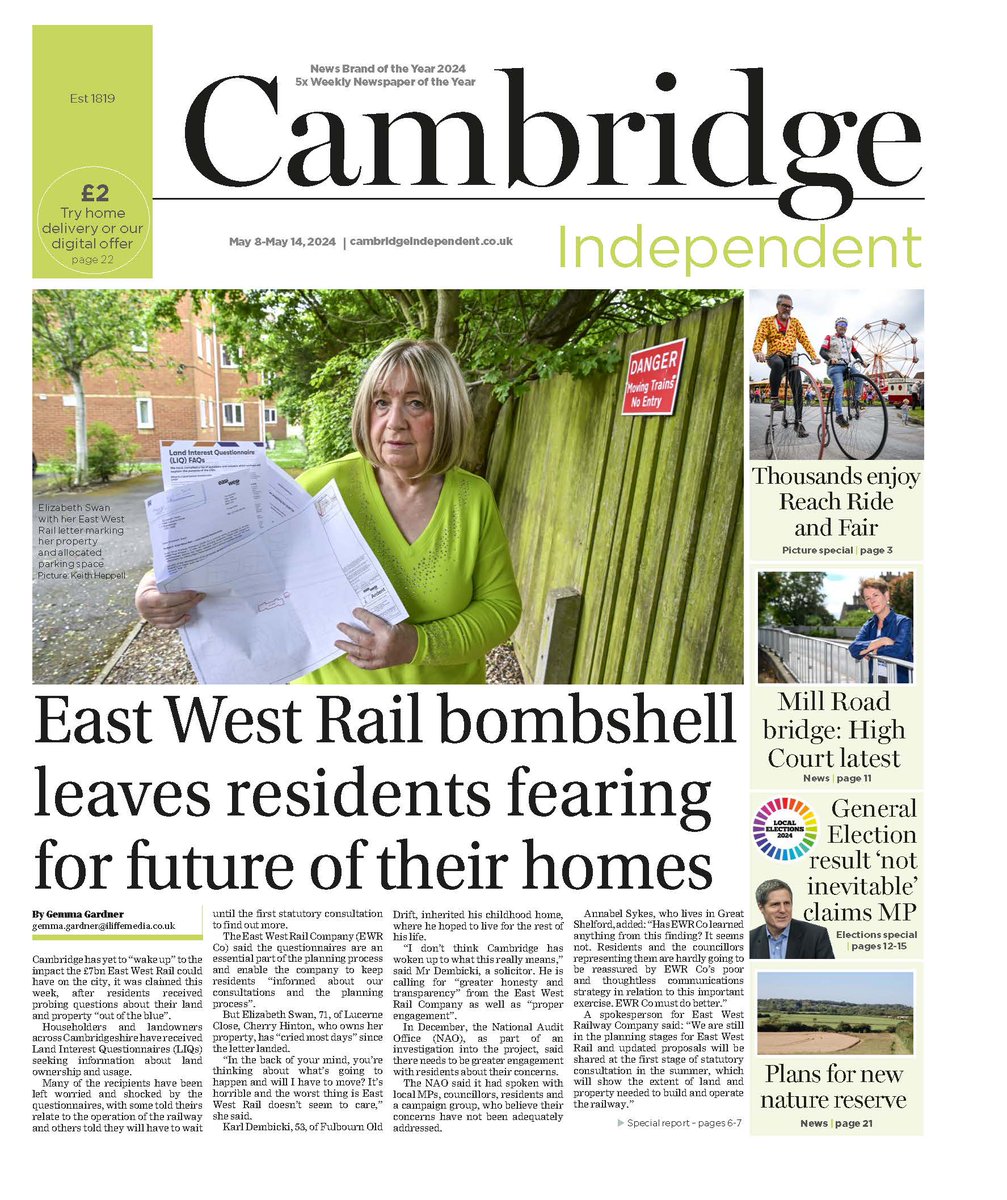 In @CambridgeIndy we talk to those receiving letters from @eastwestrail about their homes and land, feature latest on Mill Road bridge, pic special from Reach Ride & Fair, @CambridgePPF plans for a new nature reserve, election analysis & @MrNishKumar interview