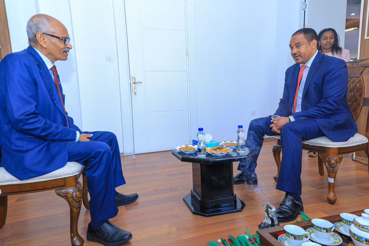 State Minister of Foreign Affairs, H.E. Ambassador Mesganu Arga today received Acting Minister of Foreign Affairs of the Republic of the Sudan, H.E. Ambassador Hussein Awad Ali Mohammed, in his office. (1/6)