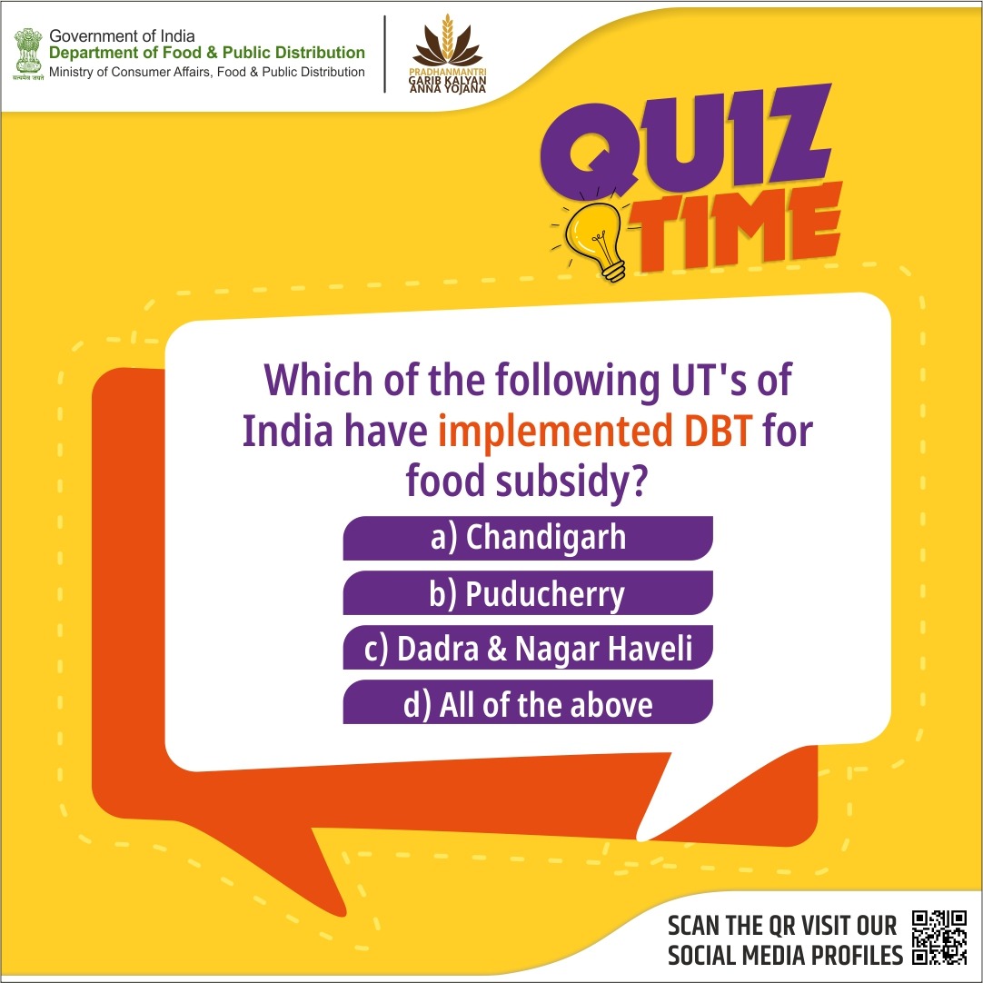 Quiz of the Day! 💡 Can you identify the Union Territories that have implemented Direct Benefit Transfer (DBT) for food subsidy? Comment your guess below! #Quiz