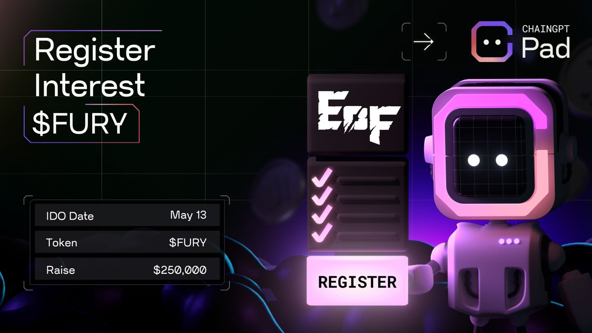 🚨 Registration for @EnginesOfFury starts now! 📌 Registration for $FURY IDO ends on May 12th, 8 AM UTC. 📆 IDO Date: May 13 Registration is open for all tier members - FCFS Round is for everyone. 📄IDO Page: pad.chaingpt.org/buy-token/75