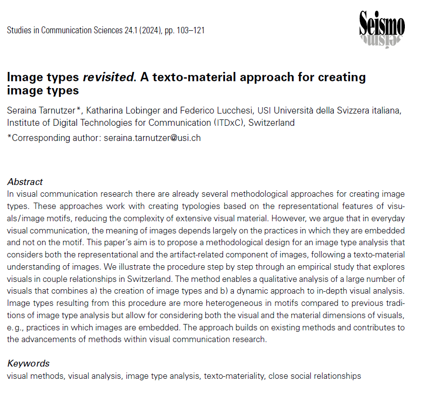 SComS_Journal's tweet photo. Exploring image type analysis anew! @xeraina1, @KLobinger & @Lucchefede propose a qualitative approach. They illustrate the creation of image types using everyday visuals taken and exchanged in close social relationships. ๐ท #visualanalysis #viskom
๐https://t.co/cRCEVR01j1 https://t.co/68UjDooFJi