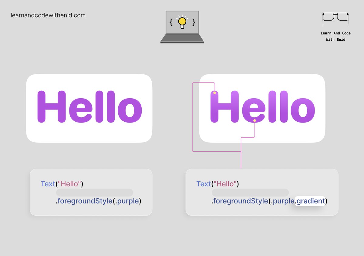 Quick SwiftUI Tip💡 Starting with iOS 16.0, we can apply the gradient version of a color using the gradient property. → learnandcodewithenid.com