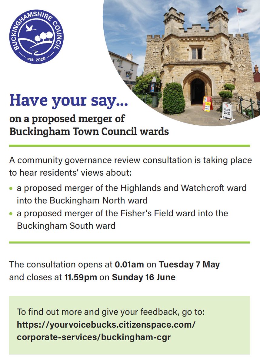 Have your say on a proposed merger of Buckingham Town Council wards - a community governance review consultation is taking place to hear residents’ views about the proposals. The survey closes on Sun 16 June. Take part online now: yourvoicebucks.citizenspace.com/corporate-serv…