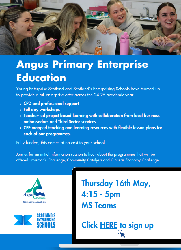 Calling all Angus Primary School teachers! Young Enterprise Scotland and Scotland’s Enterprising Schools have teamed up to provide a full enterprise offer across the 24-25 academic year. Click here to sign up bit.ly/3QAiR4U Find out more below 👇