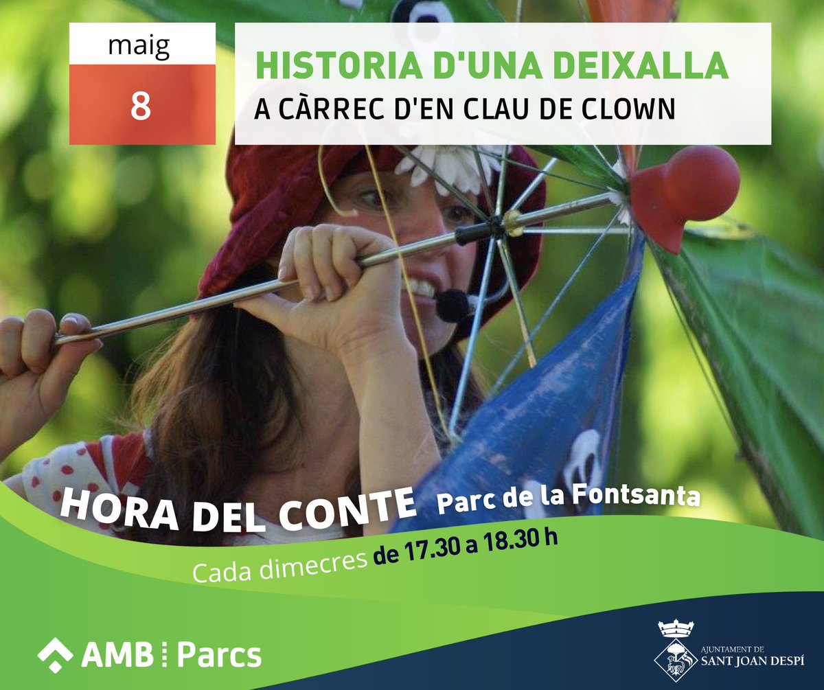 #AgendaSJD 📅 Aquest dimecres 8, nova edició de l'Hora del Conte al parc Fontsanta, amb 'Història d'una deixalla', a les 17.30 h. 👉 A més, de 16 a 19 h, activitat de divulgació sobre l'aigua regenerada al mòdul d'Aigües de Barcelona situat al costat de l'Aula Ambiental.