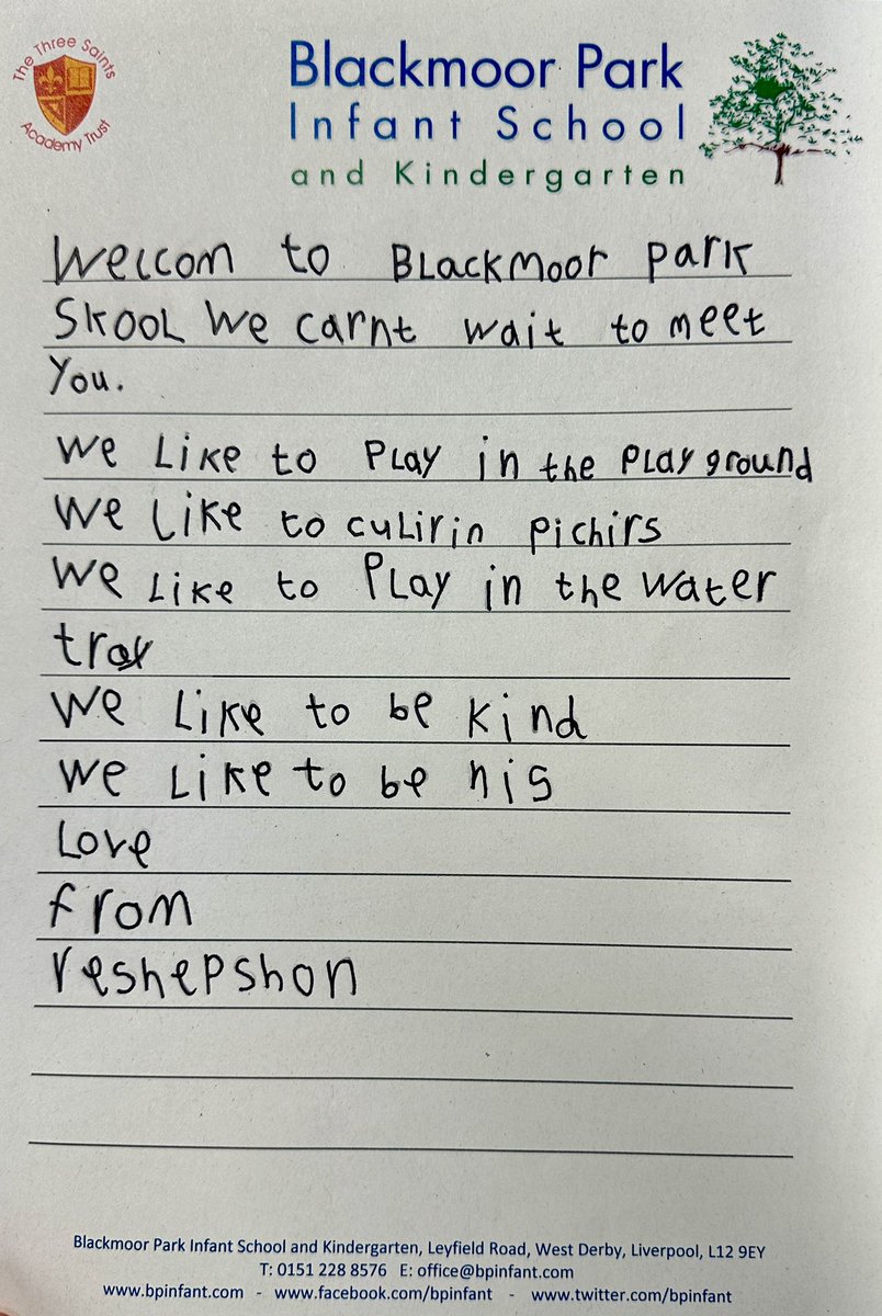 A fantastic morning at @bpinfant. I had the pleasure of working in the writing area to develop a letter for our new Reception starters 📝. Look at the application of phonics and 'red words' 📮. What do you think @RuthMiskinEdu 🐸🗣️? @the3saints #ThreeSaintEYFS