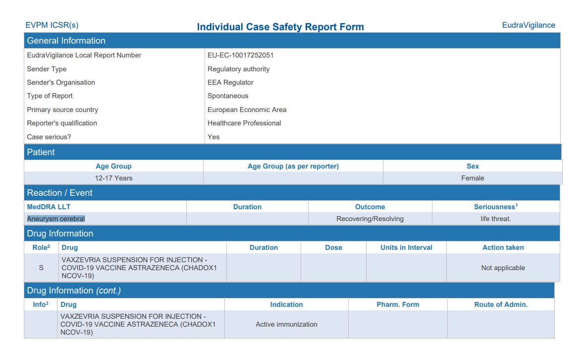 Healthcare professional report 26/04/24 12-17 year old boy Intercranial Aneurysm Life threat #AstraZenecaVaccine adrreports.eu/en/index.html