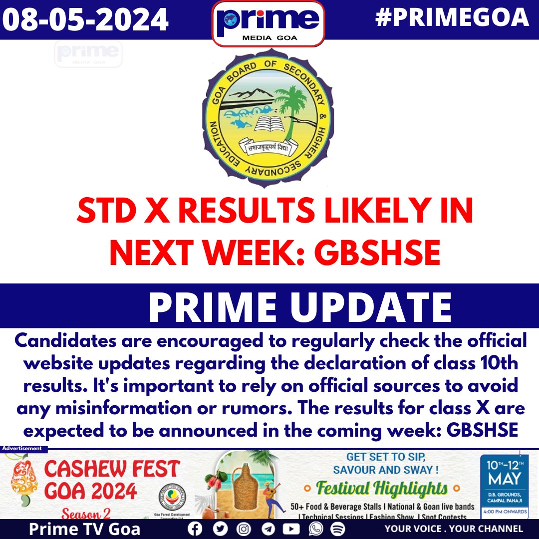 PrimeTVGoa's tweet photo. STD X RESULTS LIKELY IN NEXT WEEK: GBSHSE
#PRIMEGOA #GOA #GBSHSE #results #classXresults #boardresults #Goaboard #goaboardresult https://t.co/m7IG3Y1USL