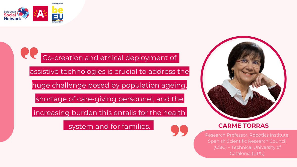 How can we address the challenges of an ageing population & care shortages? Discover insights from @CarmeTorras_ROB, Research Professor, @IRI_robotics at the #ESSC2024! Learn how co-creation& ethical deployment of assistive technologies are key. Register 🔗buff.ly/3vmomww