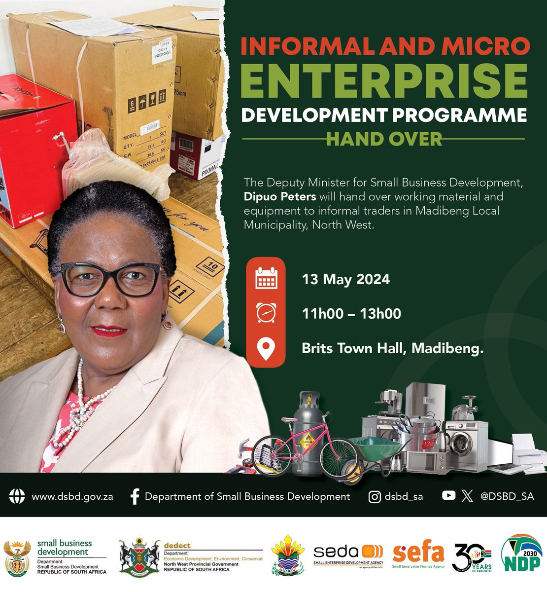 DSBD_SA's tweet image. Deputy Minister for Small Business Development, Ms Dipuo Peters will hand over working material and equipment to informal traders in Madibeng Local Municipality, North West Province.
#IMEDP #dsbdupliftinginformalsmmes