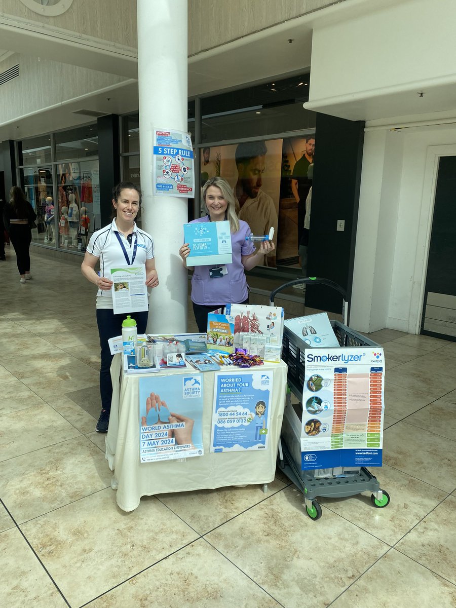 Raising awareness on World Asthma Day 07/05/2024 at Galway Shopping Centre with the Respiratory Team from the Galway City Integrated Care Hub #asthmaeducationempowers @saoltagroup @Galwaybayfmnews @CHO2west @galwayad @CTribune
