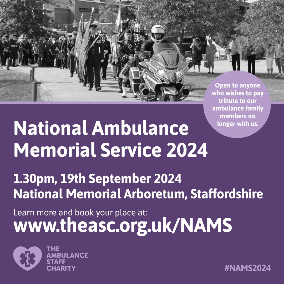 💜Registration is now open for the National #Ambulance Memorial Service taking place on 19th September 2024💜 The service is open to all who wish to pay tribute to our #Ambulance family members no longer with us. Learn more & book your space 👉 theasc.org.uk/NAMS #NAMS2024