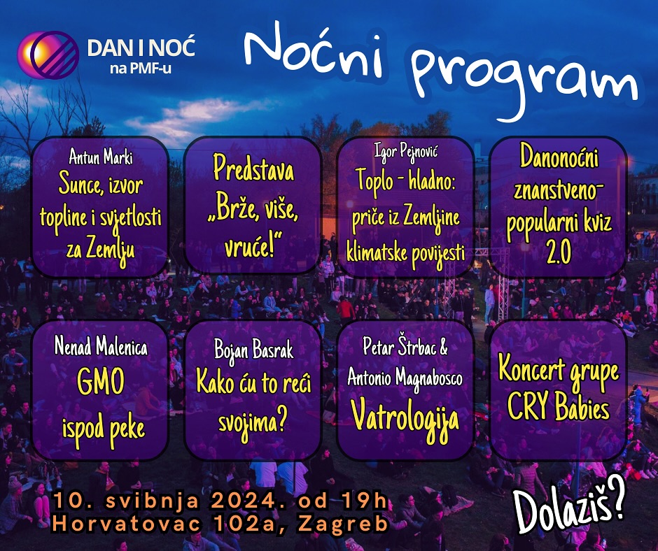 📢📢📢 Prirodoslovno – matematički fakultet i ove godine organizira jednodnevnu manifestaciju 𝐃𝐚𝐧 𝐢 𝐧𝐨𝐜́ 𝐧𝐚 𝐏𝐌𝐅-𝐮 koja će se održati u petak 10. svibnja u prostorima fakulteta na Horvatovcu i online. ☀️🌐🌙 🔗👉 daninoc.pmf.unizg.hr #UniZg #mojesveuciliste #PMF