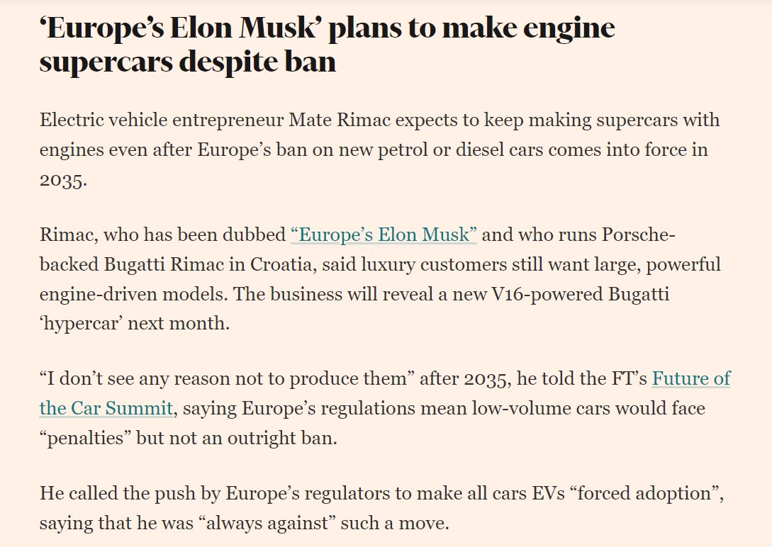 🔋Mate Rimac will still make engine-powered Bugattis after 2035, he tells #FTCar summit🔋 Hypercar customers still want 'Patek Philippe' mechanical engines, he says. New hybrid V16 car - the first from 'Bugatti Rimac' - revealed next month. Details: ft.com/content/d8408b…