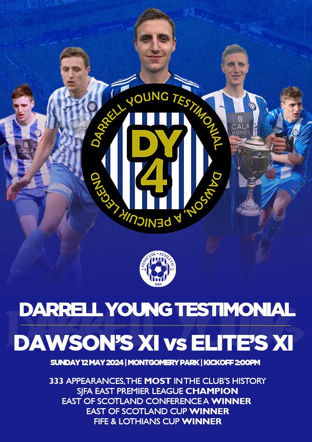 This Sunday we pay tribute to a Penicuik Legend with Darrell Young’s testimonial match at Montgomery Park, where Dawson’s XI will take on an ‘Elite’ XI!

The game kickoffs at 2pm and we’d love see the Cuikie Family turn out for our Dawson 💙