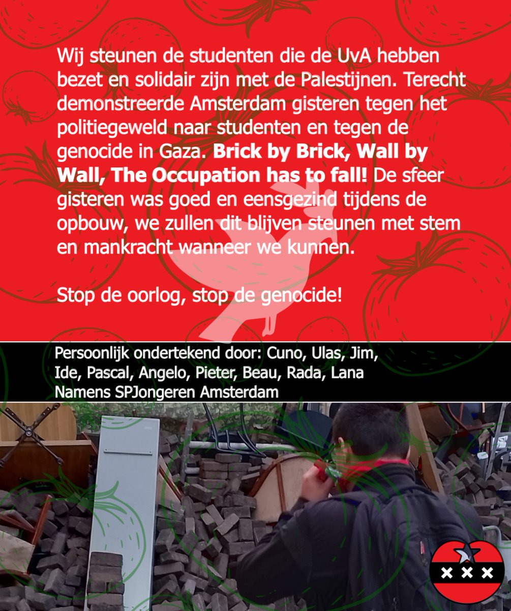 Namens de SP Jongeren Amsterdam willen we onze steun betuigen aan de studenten van de UvA die moedig hebben geprotesteerd tegen de oorlog in Palestina. De genocide stopt niet vanzelf, daarom is het cruciaal dat we ons blijven verzetten tegen de misdaden! ✊