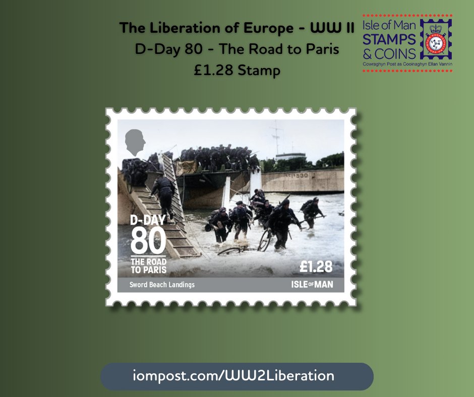 D-Day80 - The Road To Paris Stamp 2 Sword Beach Landings: An instantly recognisable image from the D-Day landings, troops disembark a landing craft as they invade Sword beach, one of five beaches and points of entry back on to mainland Europe. bit.ly/3UlYolr