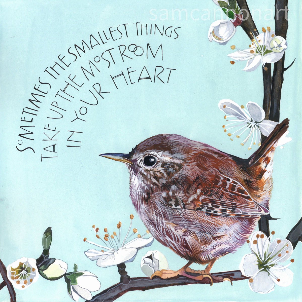 I’m away from my computer right now so can’t search though the archives for something new to show you. But here’s my current favourite, the gorgeous Jenny Wren amongst the Blackthorn blossom with words by A A Milne. I love these tiny birds. Full of song and joy.