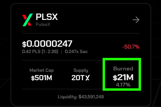 ❤💛💚💙 🚨 JUST IN: PulseX has hit 4.17% total Buy & Burn. $PLSX has bought 4.17% of the Non Origin-Address related coins. It's worth $21 million USD today, but worth $84 million USD at Day 1 Sac.