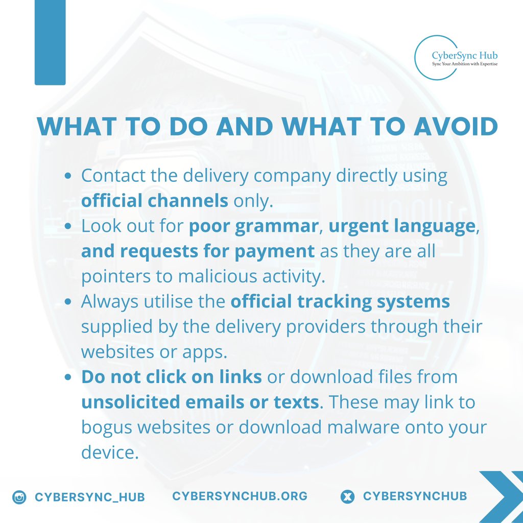 Parcel delivery or potential scam? 🤔

Ever received a questionable parcel delivery notification? It might be a social engineering ploy.

Swipe to learn about these scams and find tips to enhance your online safety!

#cybersynchub
#cybersecurity
#socialengineering