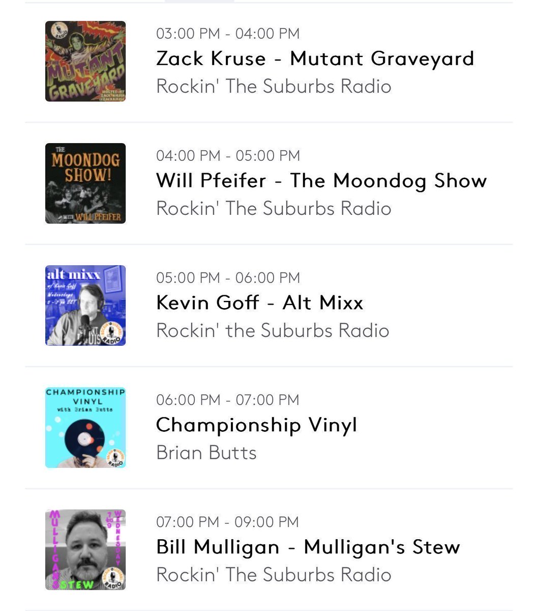 Rockin' the Suburbs Radio (@suburbsradio) on Twitter photo Today on Suburbs Radio:
3 PM ET: Mutant Graveyard w/@zackkruse
4 PM: The Moondog Show w/ <a href="/willpfeifer/">Will Pfeifer</a>
5 PM: Alt Mixx w/ <a href="/kevindgoff/">Kevin Goff</a>
6 PM: Championship Vinyl w/ <a href="/brianbutts/">Brian Butts</a>
7 PM: Mulligan’s Stew w/ <a href="/MulliganRadio/">Mulligan's Stew</a> Today on Suburbs Radio:
3 PM ET: Mutant Graveyard w/@zackkruse
4 PM: The Moondog Show w/ <a href="/willpfeifer/">Will Pfeifer</a>
5 PM: Alt Mixx w/ <a href="/kevindgoff/">Kevin Goff</a>
6 PM: Championship Vinyl w/ <a href="/brianbutts/">Brian Butts</a>
7 PM: Mulligan’s Stew w/ <a href="/MulliganRadio/">Mulligan's Stew</a>