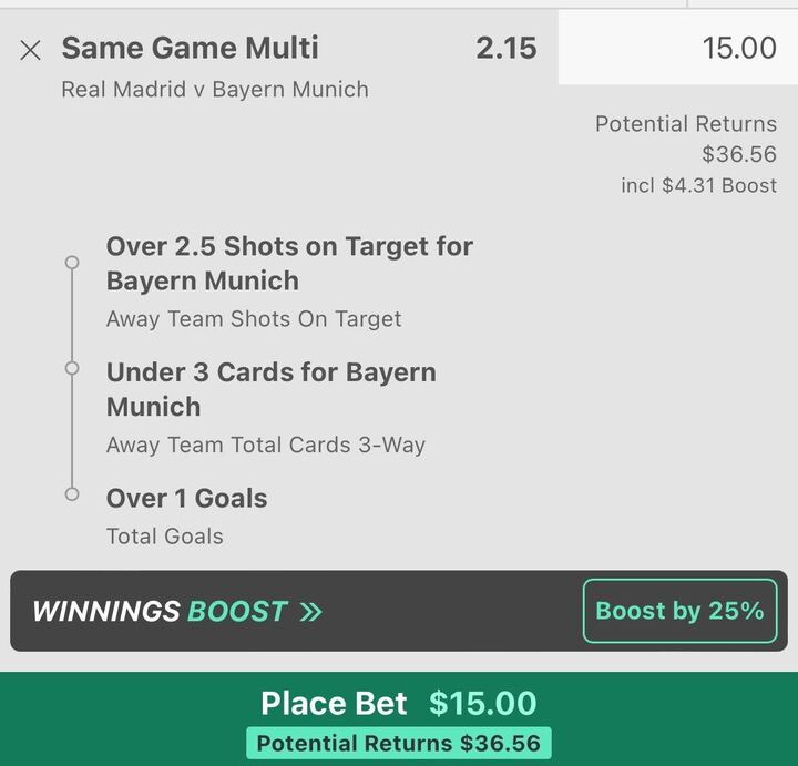 Real Madrid v Bayern Munich Bet Builder 🏆

Bayern SOT: 3,6,9,9,3,6,2,7

Bayern Cards: 2,2,0,0,2,0,2

Total Goals: 17/20 matches between these two teams have seen more than +1 goal being scored.