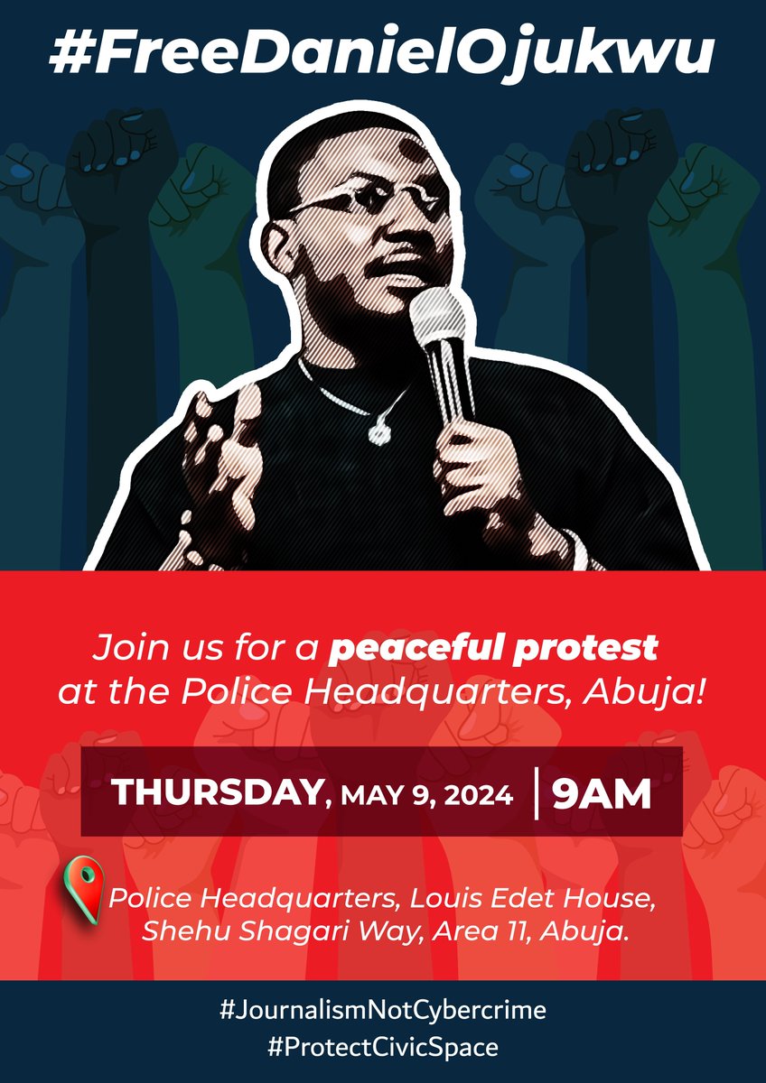 A diligent journalist, Daniel Ojukwu is still in police custody for over 7 days now. If you are within Abuja, join the movement on May 9, to peacefully march to the Force Headquarters in to demand Daniel Ojukwu's release. Threat to one is threat to all! #FreeDanielOjukwu