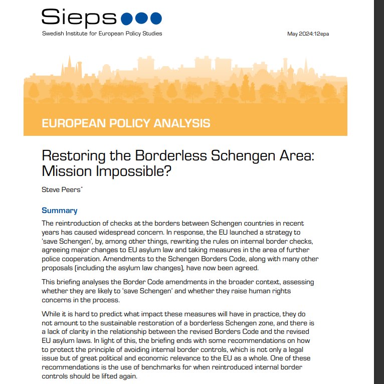 🚨🚨 ' Restoring the Borderless Schengen Area: Mission Impossible?' @StevePeers has a new excellent @SIEPS_Sweden policy brief on the EU's inadequate efforts to save Schengen as a border free travel area. sieps.se/en/publication…