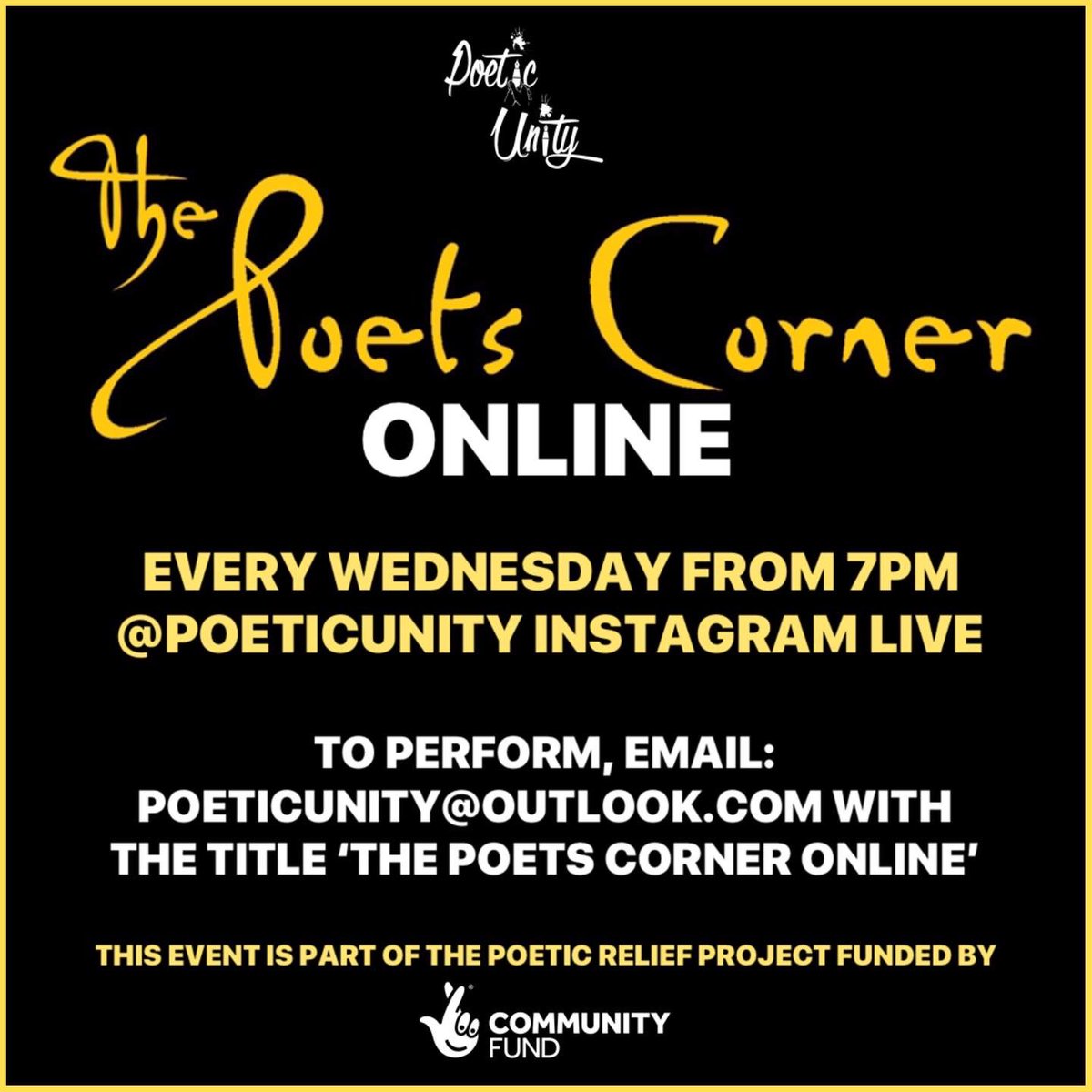 TONIGHT! South London’s ONLY weekly poetry event ‘The Poets Corner’ ONLINE! Lock in to our Instagram Live from 7pm to hear some of the worlds best poets! Follow us on Instagram: PoeticUnity to lock in later #ThePoetsCornerOnline