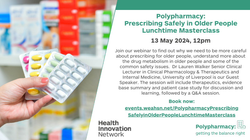 Join our masterclass webinar on 13 May on how to prescribe safely for older people with guest speaker: Dr Lauren Walker, Senior Clinical Lecturer in Clinical Pharmacology and Therapeutics and Internal Medicine, @LivUni Book your place here: events.weahsn.net/PolypharmacyPr…