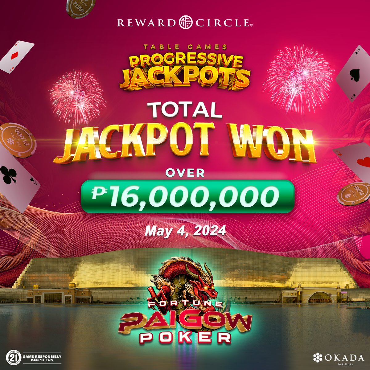 Congratulations to the Red Dragon Pai Gow Poker Major Jackpot winner who won over PHP 16 million last Saturday, May 4! Will you be the next big winner? Visit Okada Manila or play online at okadaonlinecasino.com to find out.