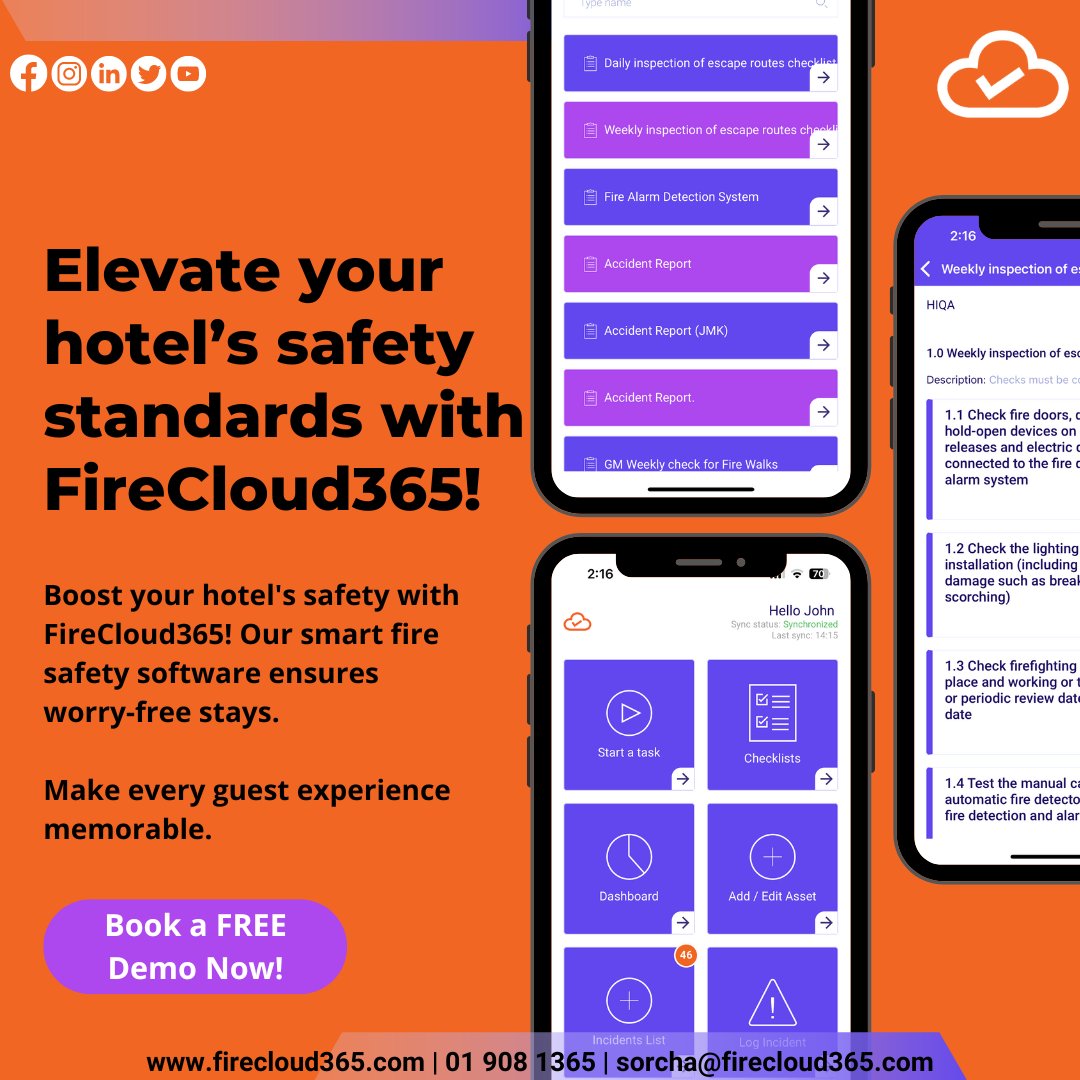 Boost your hotel's safety with #FireCloud365! 🏨

Our smart fire safety software ensures worry-free stays. Elevate guest experiences today. 🔥

Book a free demo today! bit.ly/3VHXLF3
#FireSafety #FacilitiesManagement #HotelFireSafety #Hotels