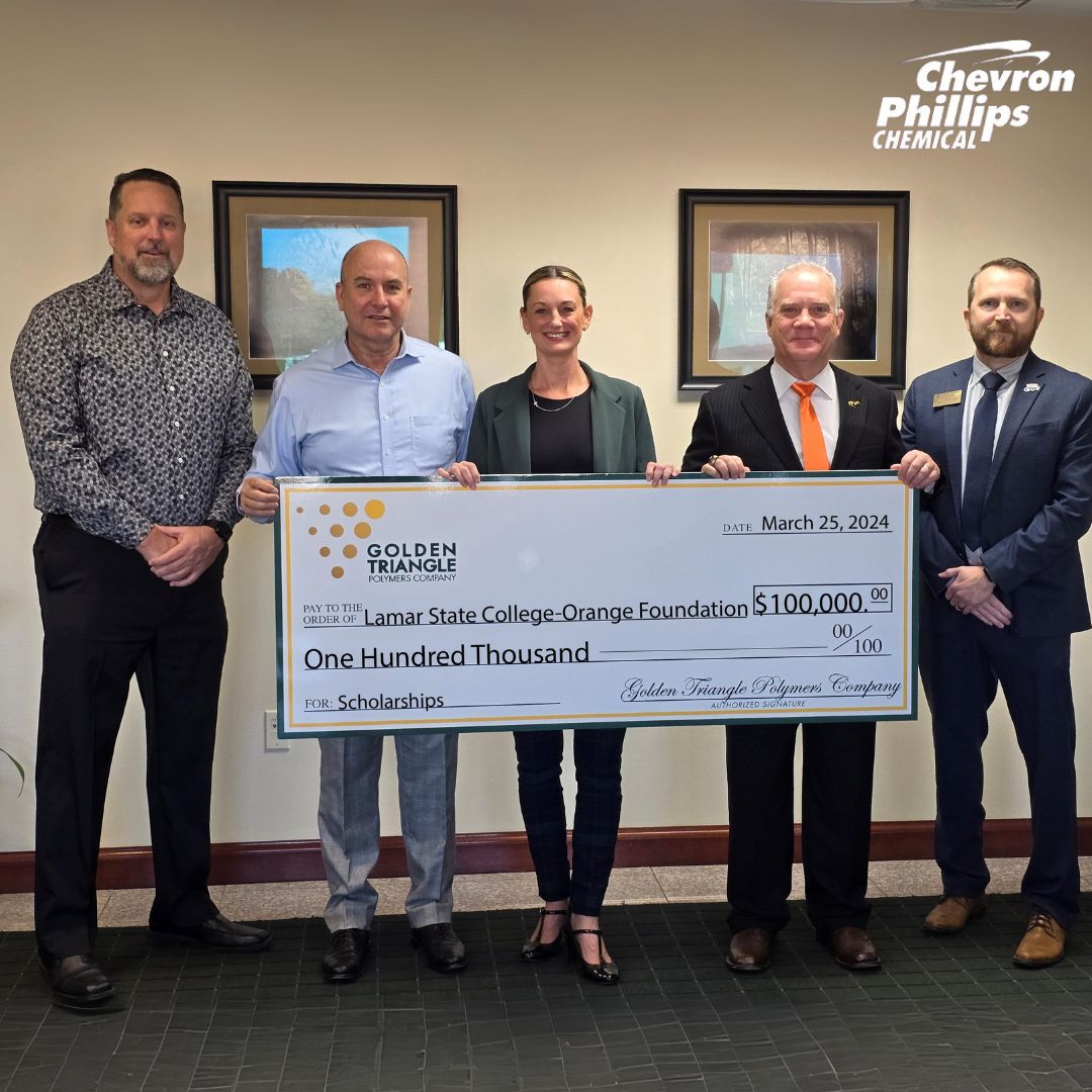 Golden Triangle Polymers donated $100,000 to Lamar State College-Orange Foundation for the Golden Triangle Polymers Scholarship. This scholarship fully funds a two-year degree for 3 students per academic year. tinyurl.com/428bjh8s #CPChem #GoldenTrianglePolymers #LSCO
