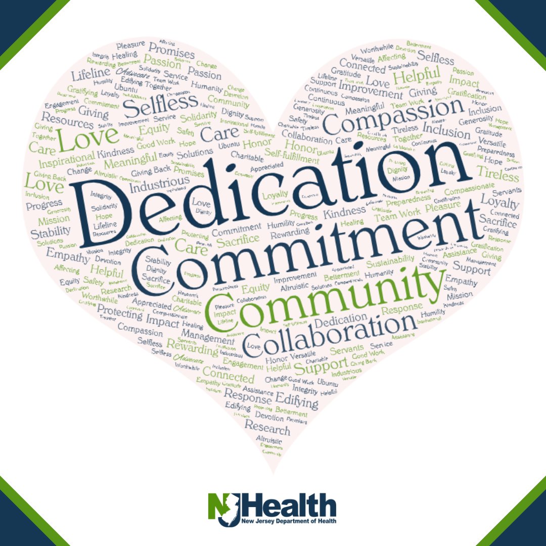 For Public Service Recognition Week, NJDOH asked its staff to submit one word that describes what public service means to them. Our staff are extremely dedicated and committed to giving back to New Jersey. Thank you for all your work to make a #HealthierNJ.